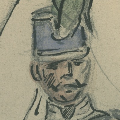 Dessin crayon rehaussé couleurs - 2e Hussard à Cheval - 1848 - Uniforme - Monarchie de Juillet