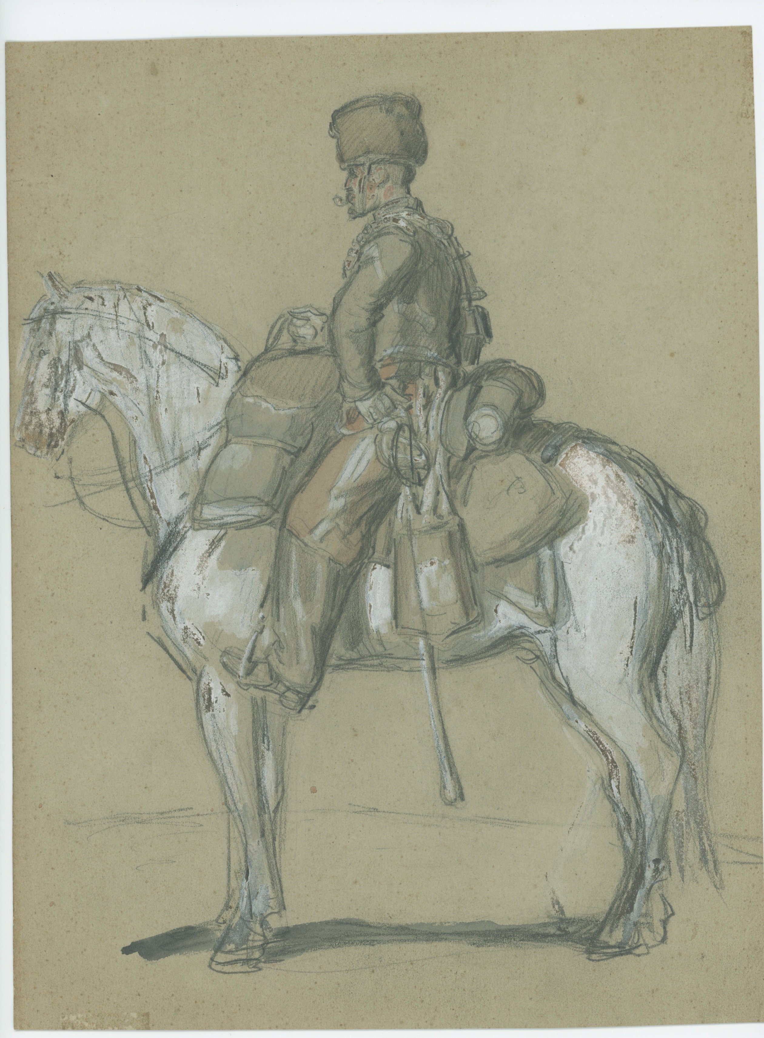 Dessin crayon rehaussé couleurs - Hussard à Cheval - 1860 - Uniforme - Second Empire