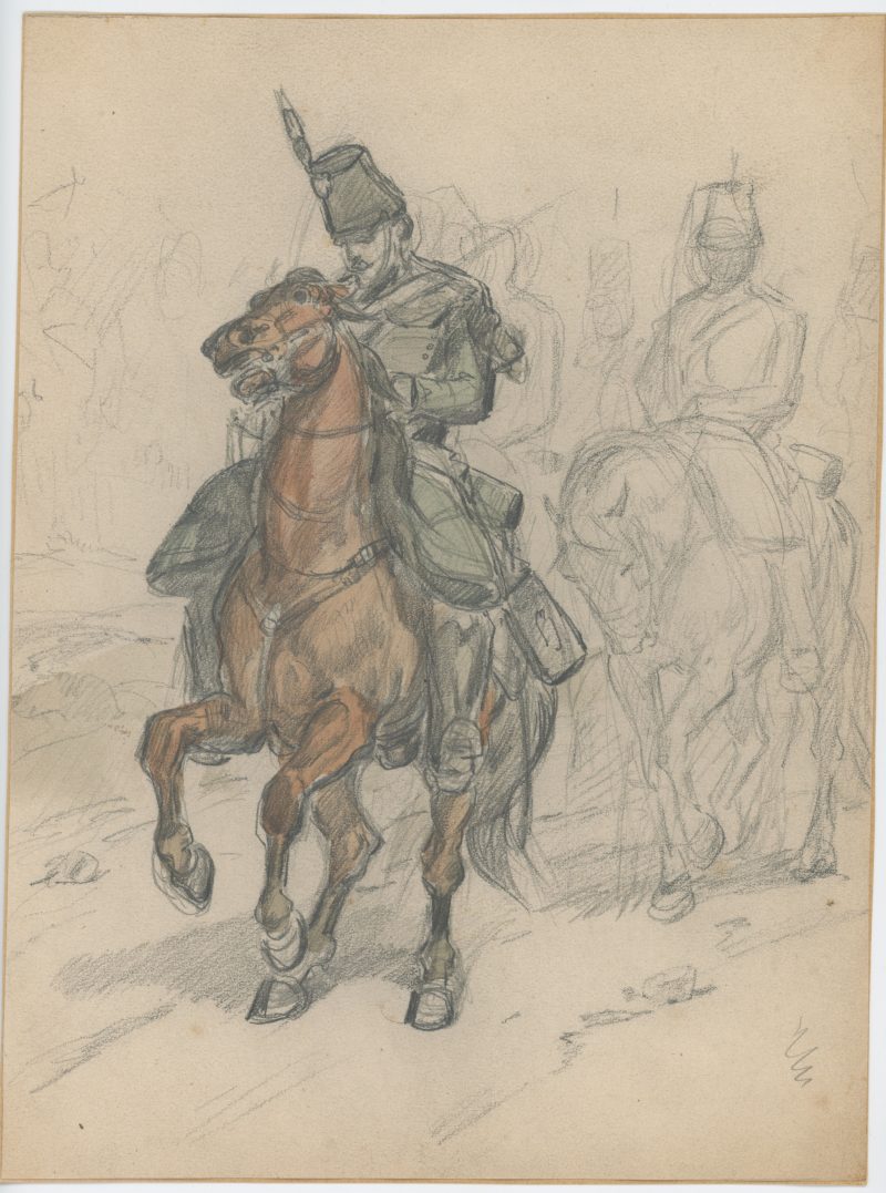 Dessin crayon rehaussé couleurs - Chasseur à Cheval - 2nd Empire - Uniforme - Talpak - 1860