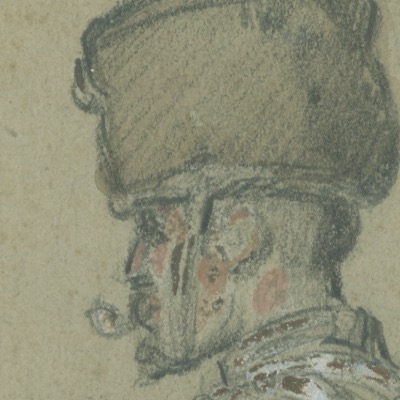 Dessin crayon rehaussé couleurs - Hussard à Cheval - 1860 - Uniforme - Second Empire