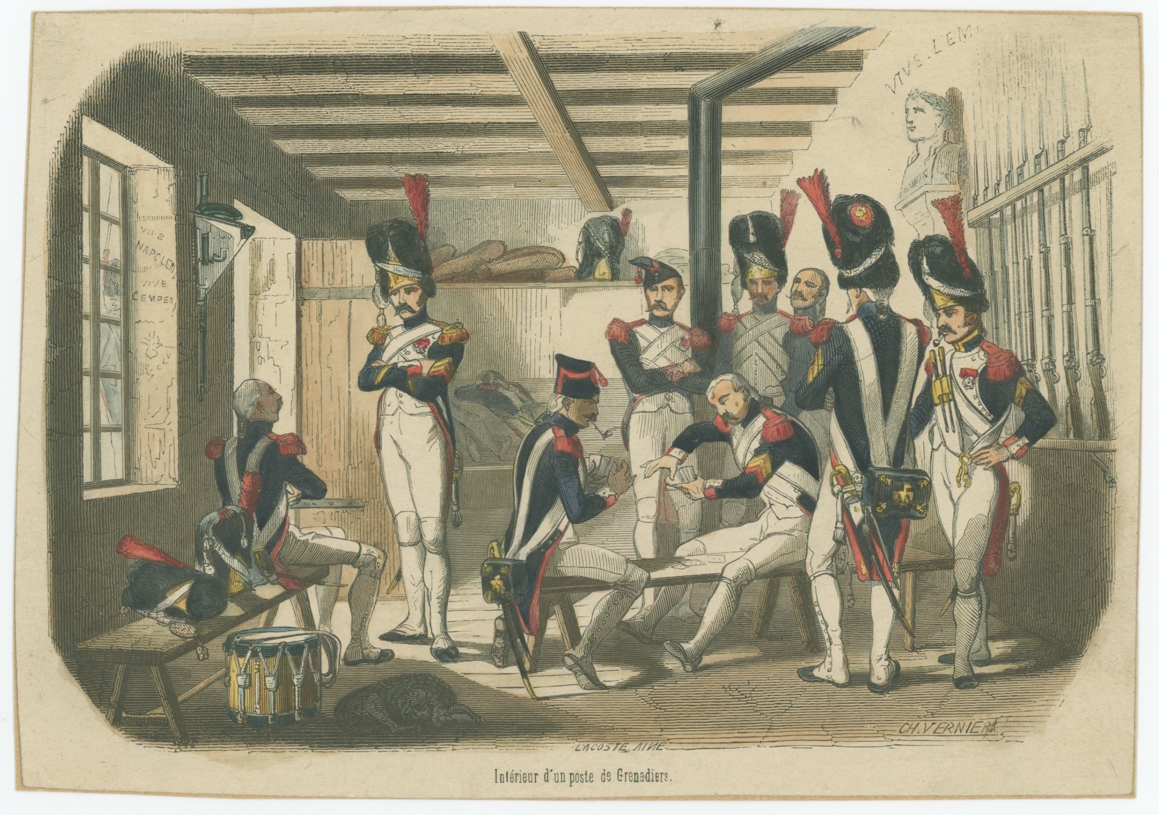 Gravure XIX - Corps de Garde des Grenadiers de la Garde - 1er Empire - Charles Vernier - Rehaussée couleur