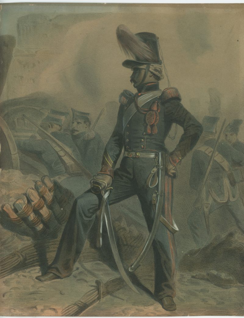 Gravure XIX -Artillerie à Cheval - Seconde Restauration - Uniforme - Lithographie rehaussée - Siége de Madrid - Expédition d'Espagne 1823