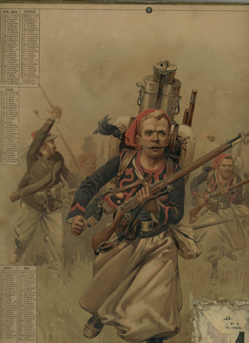 Gravure XIX - Calendrier 1898 - Morceau Zouaves à La charge - Uniforme - Manœuvre - 3ème République