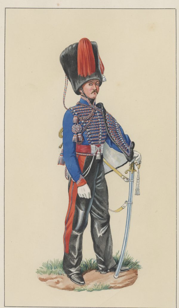 Dessin crayon rehaussé - Hussards - 2nd Restauration - Uniforme - Aquarelle Originale - 1er Régiment du Hussards - Trompette