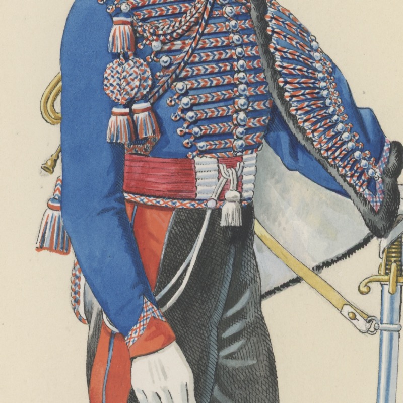 Dessin crayon rehaussé - Hussards - 2nd Restauration - Uniforme - Aquarelle Originale - 1er Régiment du Hussards - Trompette