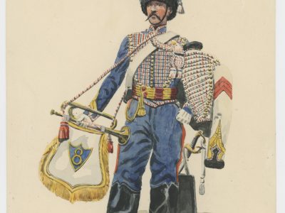 Dessin crayon rehaussé - Hussards - 1845 - Monarchie de Juillet - Uniforme - Aquarelle Originale