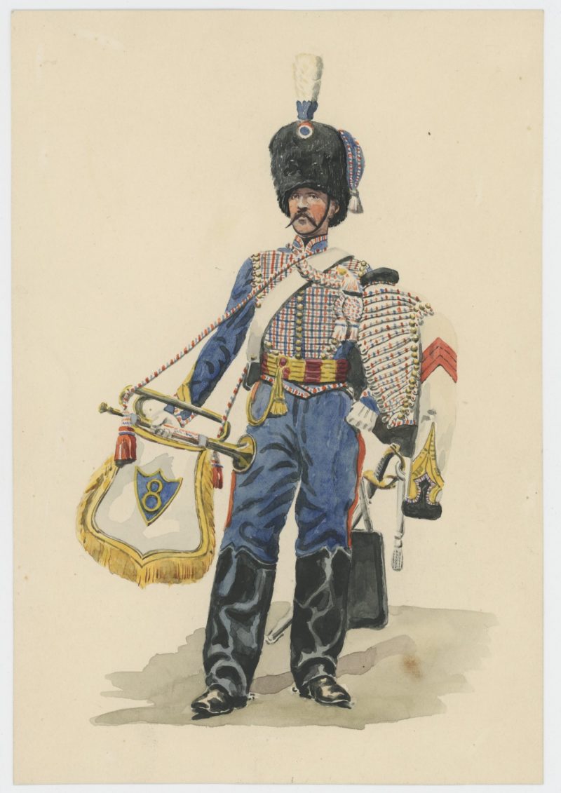 Dessin crayon rehaussé - Hussards - 1845 - Monarchie de Juillet - Uniforme - Aquarelle Originale