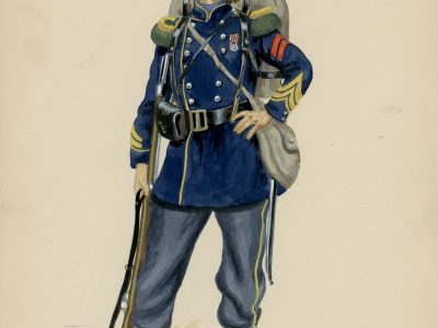 Planche Gravure - Dessin de Huen - Chasseur à Pied - Second Empire - Napoleon III - Uniforme - Aquarelle mise en couleur par R.Soulés -