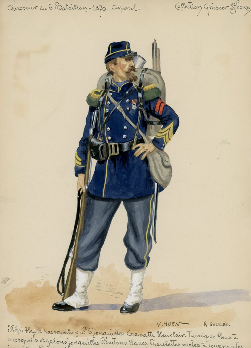 Planche Gravure - Dessin de Huen - Chasseur à Pied - Second Empire - Napoleon III - Uniforme - Aquarelle mise en couleur par R.Soulés -