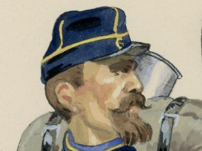 Planche Gravure - Dessin de Huen - Chasseur à Pied - Second Empire - Napoleon III - Uniforme - Aquarelle mise en couleur par R.Soulés -