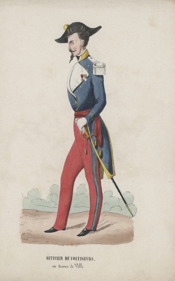 Gravure XIX - Voltigeur de la Garde Second Empire - Napoléon III - Tenue d'hiver - Paletot militaire - Officier des voltigeurs - Crimée - Italie