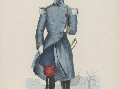 Gravure XIX - Voltigeur de la Garde Second Empire - Napoléon III - Tenue d'hiver - Paletot militaire - Officier des voltigeurs - Crimée - Italie