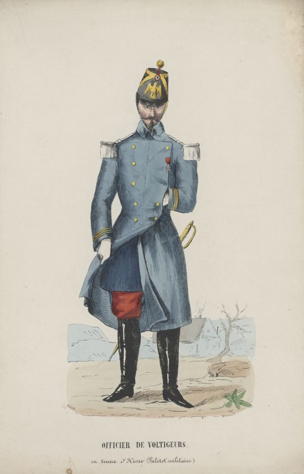 Gravure XIX - Voltigeur de la Garde Second Empire - Napoléon III - Tenue d'hiver - Paletot militaire - Officier des voltigeurs - Crimée - Italie