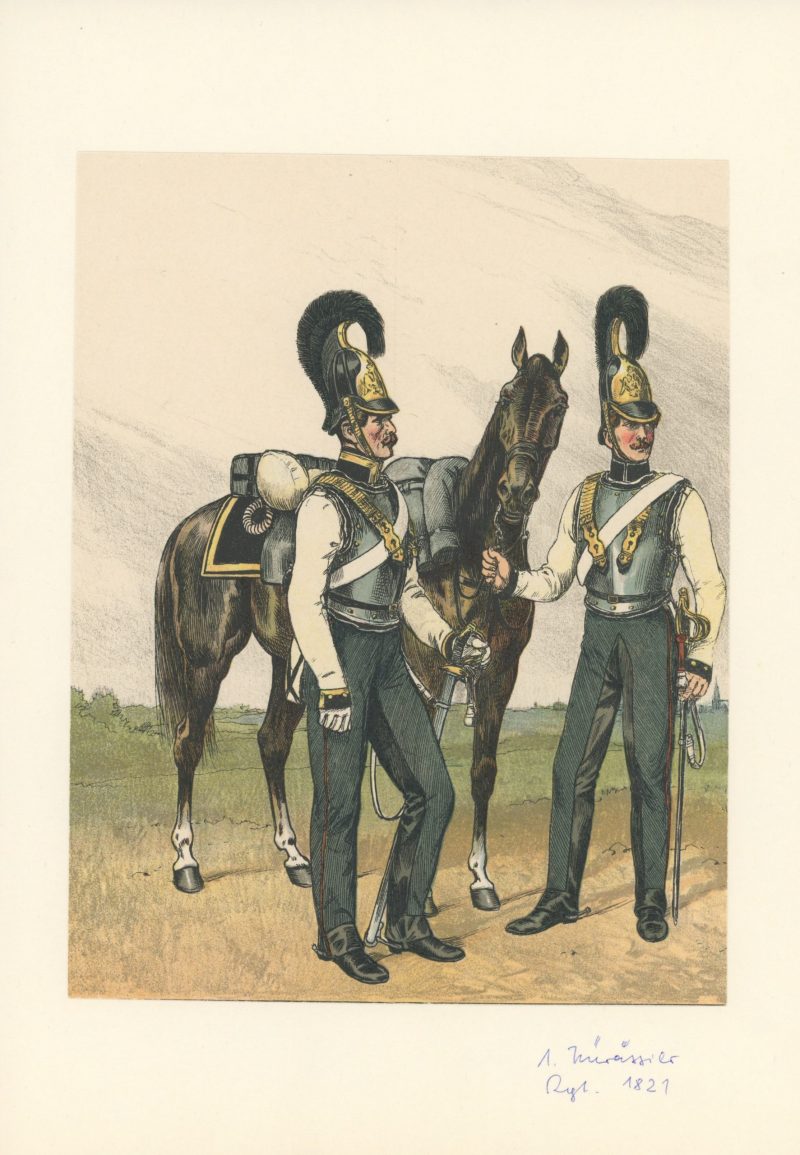 2 Planches Gravure - Illustration Richard Knötel - Cavalerie - Cuirassier Prussien - Kuirassier 1821 - Uniforme - Kuirassier