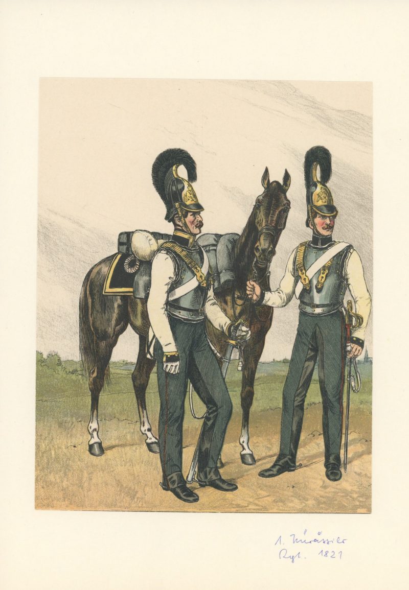 2 Planches Gravure - Illustration Richard Knötel - Cavalerie - Cuirassier Prussien - Kuirassier 1821 - Uniforme - Kuirassier