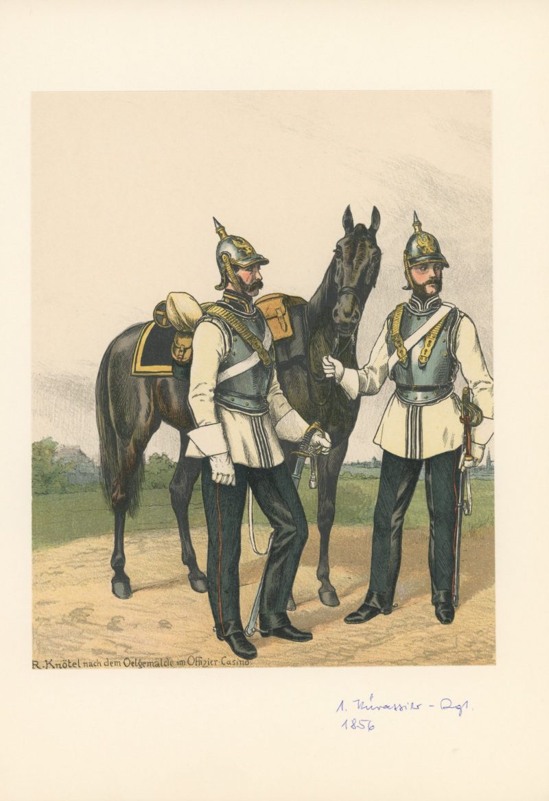 2 Planches Gravure - Illustration Richard Knötel - Cavalerie - Cuirassier Prussien - Kuirassier 1856 - Uniforme - Cuirassier