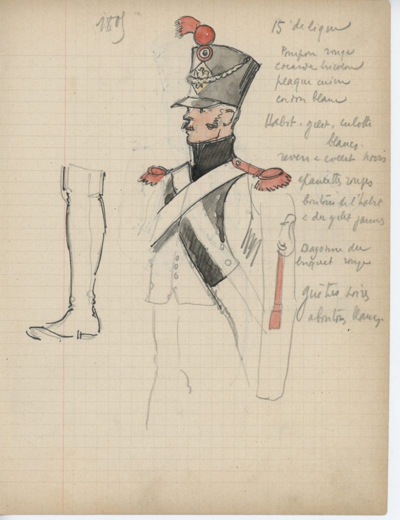 Lot de 33 pages de carnet illustrées - Dessin crayon - uniforme - soldat - 1er Empire - Napoleon 1er - Espagne - Hollande - France