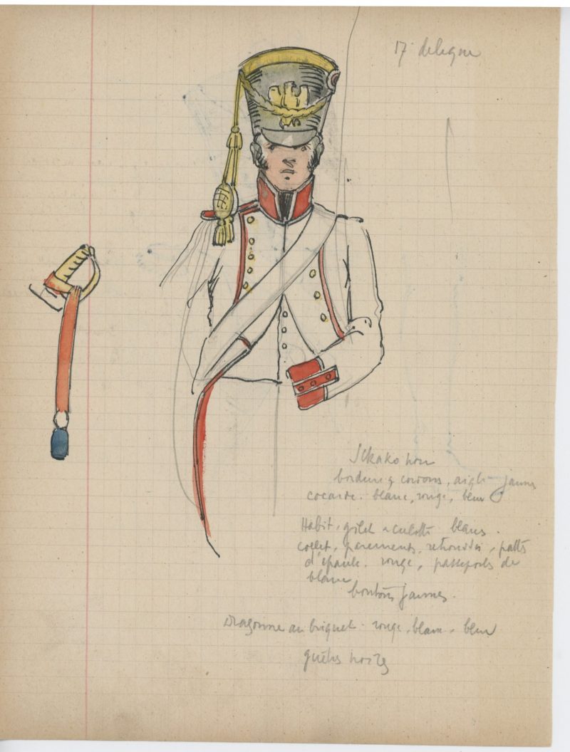 Lot de 33 pages de carnet illustrées - Dessin crayon - uniforme - soldat - 1er Empire - Napoleon 1er - Espagne - Hollande - France