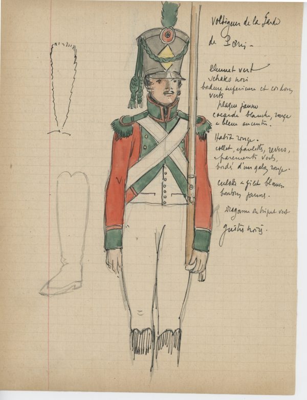 Lot de 33 pages de carnet illustrées - Dessin crayon - uniforme - soldat - 1er Empire - Napoleon 1er - Espagne - Hollande - France