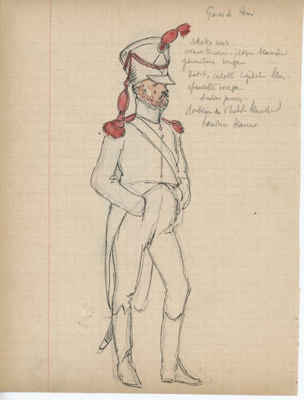 Lot de 33 pages de carnet illustrées - Dessin crayon - uniforme - soldat - 1er Empire - Napoleon 1er - Espagne - Hollande - France