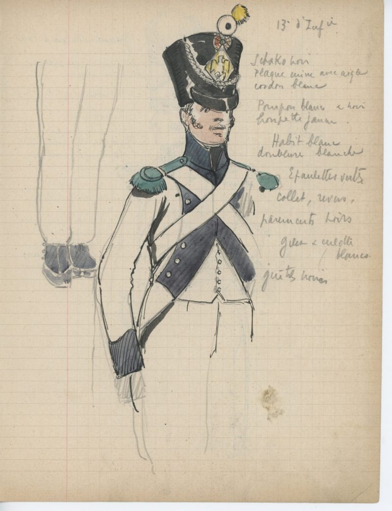 Lot de 33 pages de carnet illustrées - Dessin crayon - uniforme - soldat - 1er Empire - Napoleon 1er - Espagne - Hollande - France