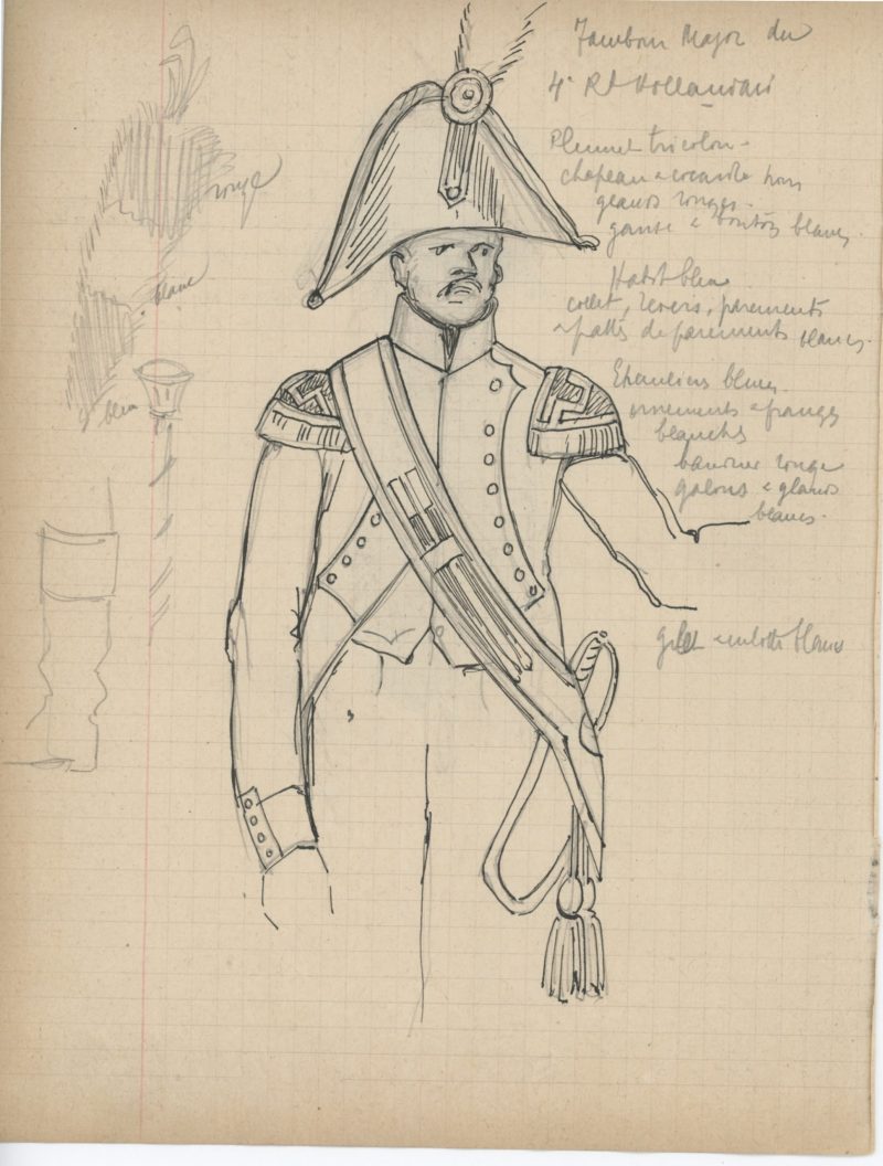 Lot de 33 pages de carnet illustrées - Dessin crayon - uniforme - soldat - 1er Empire - Napoleon 1er - Espagne - Hollande - France