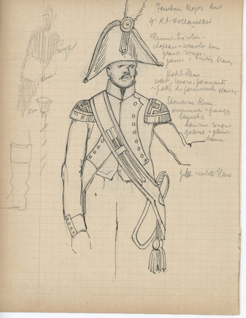 Lot de 33 pages de carnet illustrées - Dessin crayon - uniforme - soldat - 1er Empire - Napoleon 1er - Espagne - Hollande - France