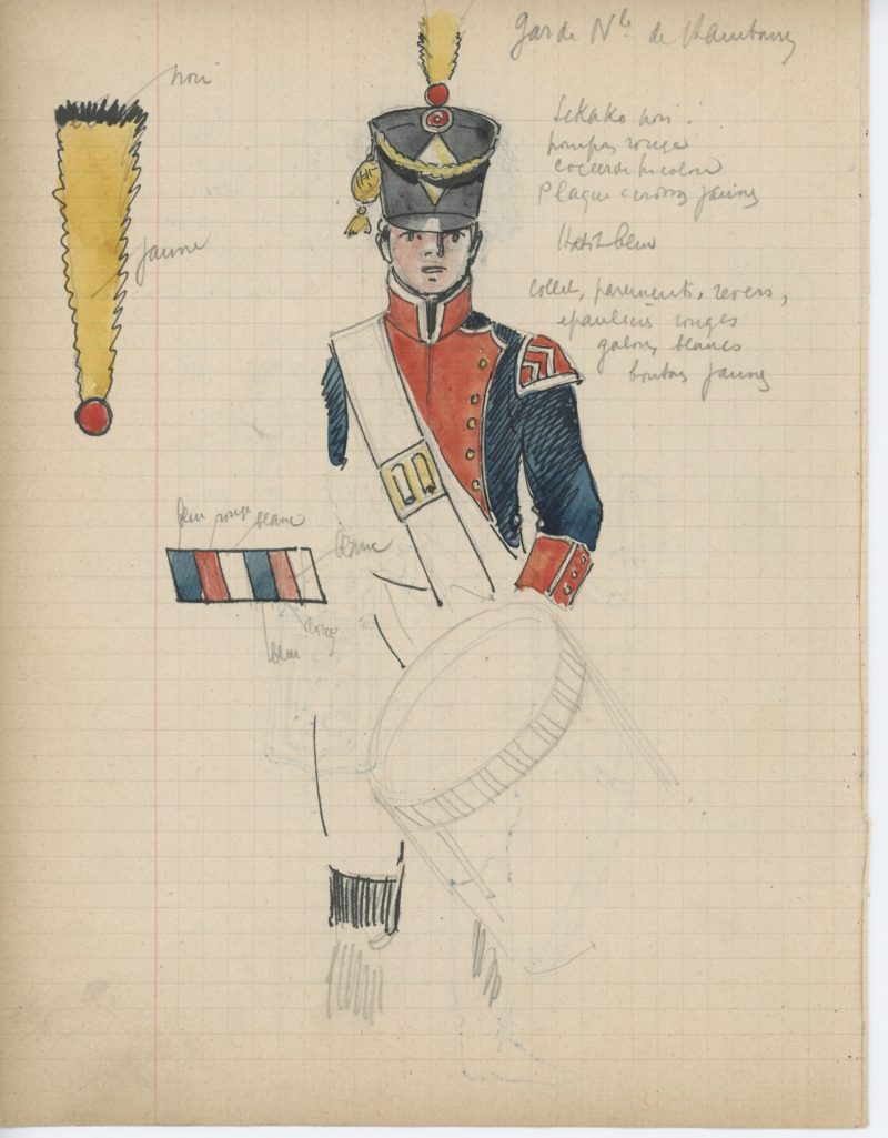 Lot de 33 pages de carnet illustrées - Dessin crayon - uniforme - soldat - 1er Empire - Napoleon 1er - Espagne - Hollande - France