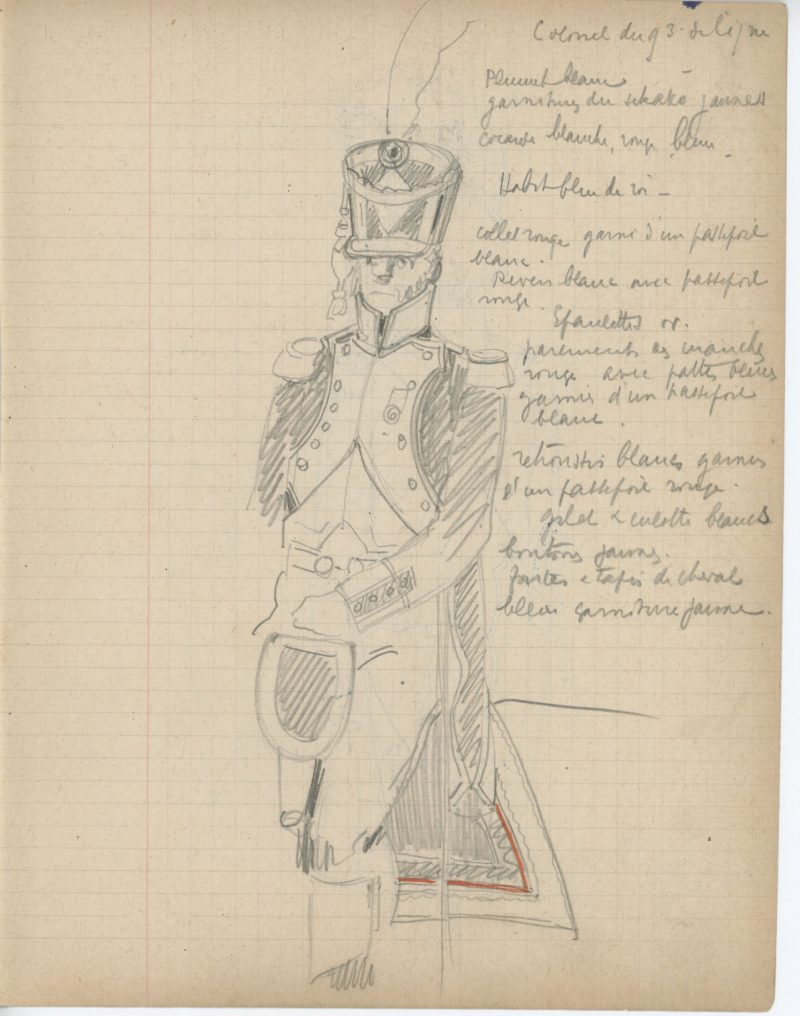 Lot de 33 pages de carnet illustrées - Dessin crayon - uniforme - soldat - 1er Empire - Napoleon 1er - Espagne - Hollande - France