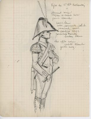 Lot de 33 pages de carnet illustrées - Dessin crayon - uniforme - soldat - 1er Empire - Napoleon 1er - Espagne - Hollande - France