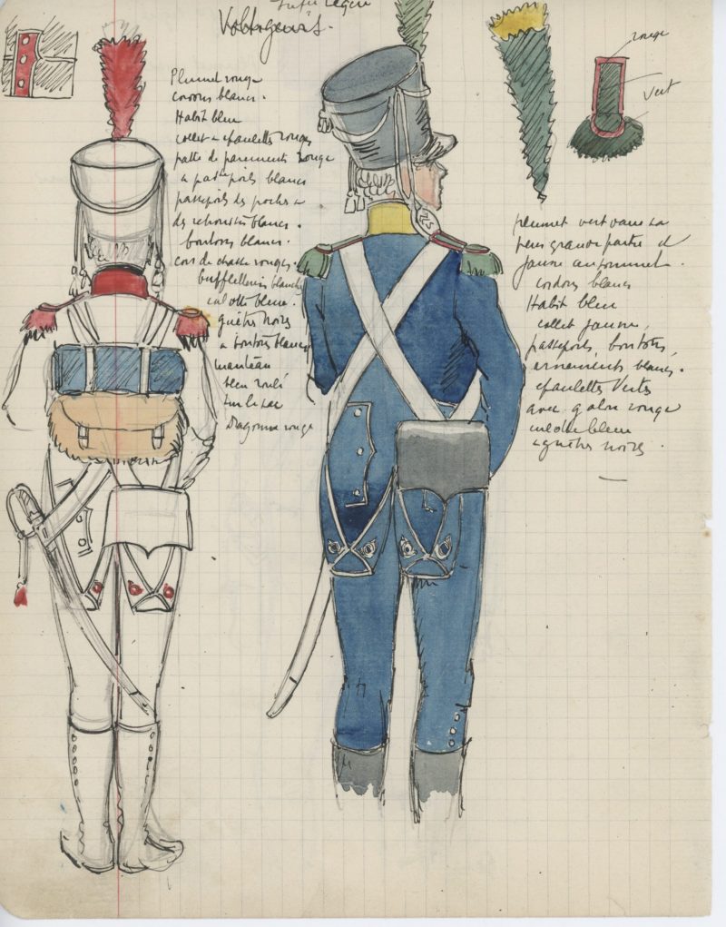 Lot de 33 pages de carnet illustrées - Dessin crayon - uniforme - soldat - 1er Empire - Napoleon 1er - Espagne - Hollande - France