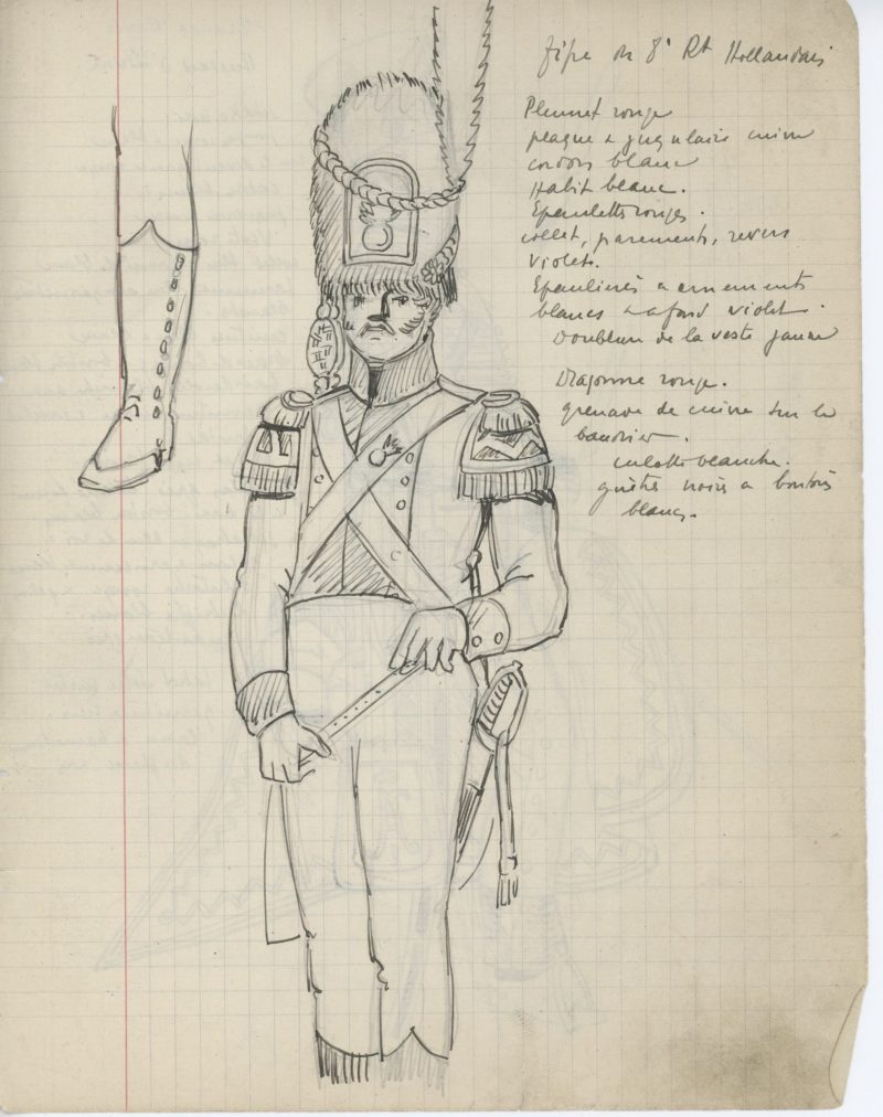 Lot de 33 pages de carnet illustrées - Dessin crayon - uniforme - soldat - 1er Empire - Napoleon 1er - Espagne - Hollande - France