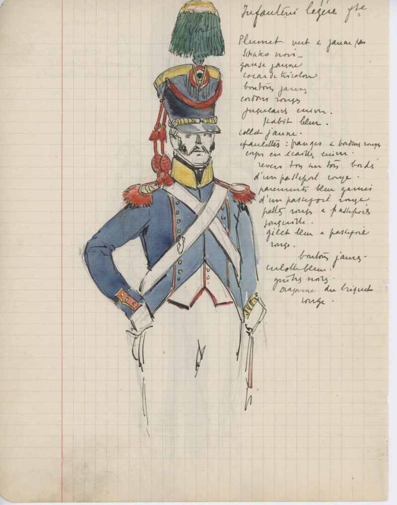 Lot de 33 pages de carnet illustrées - Dessin crayon - uniforme - soldat - 1er Empire - Napoleon 1er - Espagne - Hollande - France