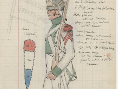 Lot de 33 pages de carnet illustrées - Dessin crayon - uniforme - soldat - 1er Empire - Napoleon 1er - Espagne - Hollande - France