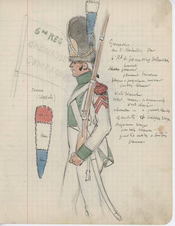 Lot de 33 pages de carnet illustrées - Dessin crayon - uniforme - soldat - 1er Empire - Napoleon 1er - Espagne - Hollande - France