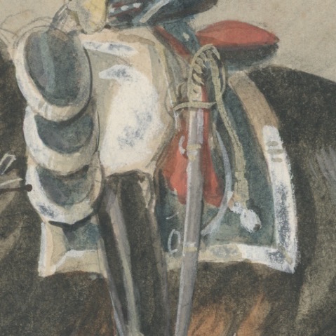 Dessin crayon rehaussé - Gendarme à Cheval Garde Impériale 1853 - Second Empire - Uniforme - Aquarelle Originale - Charles de Luna
