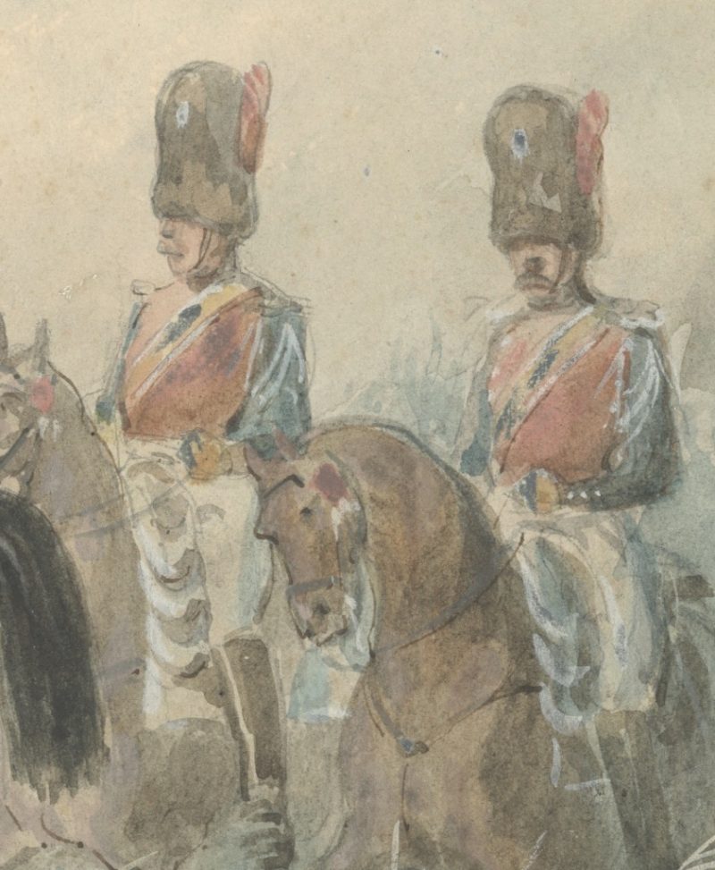 Dessin crayon rehaussé - Gendarme à Cheval Garde Impériale 1853 - Second Empire - Uniforme - Aquarelle Originale - Charles de Luna