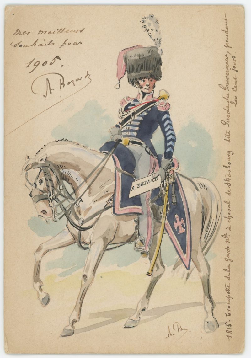 Dessin Aquarelle - Trompette de La Garde Nationale à cheval - Strasbourg - Uniforme - 1815 - Garde du Gouverneur