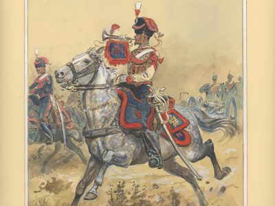 Dessin crayon rehaussé - Artillerie à Cheval de la Garde 1855 - Musicien - Second Empire - Uniforme - Aquarelle Originale - Maurice Toussait