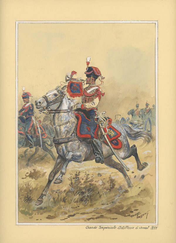 Dessin crayon rehaussé - Artillerie à Cheval de la Garde 1855 - Musicien - Second Empire - Uniforme - Aquarelle Originale - Maurice Toussait