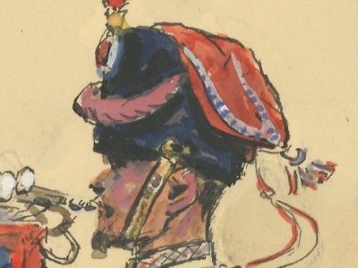 Dessin crayon rehaussé - Artillerie à Cheval de la Garde 1855 - Musicien - Second Empire - Uniforme - Aquarelle Originale - Maurice Toussait