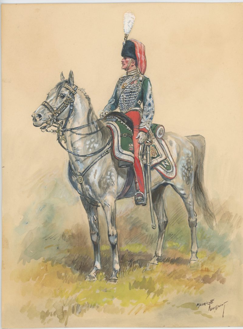 Dessin crayon rehaussé - Chasseur à Cheval de la Garde - Officier - Second Empire - Uniforme - Aquarelle Originale - Maurice Toussaint