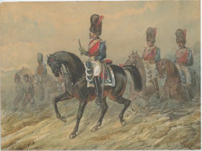 Dessin crayon rehaussé - Gendarme à Cheval Garde Impériale 1853 - Second Empire - Uniforme - Aquarelle Originale - Charles de Luna