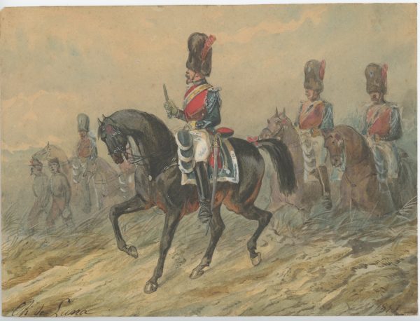 Dessin crayon rehaussé - Gendarme à Cheval Garde Impériale 1853 - Second Empire - Uniforme - Aquarelle Originale - Charles de Luna