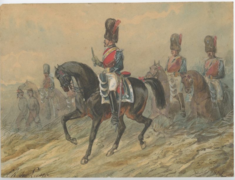 Dessin crayon rehaussé - Gendarme à Cheval Garde Impériale 1853 - Second Empire - Uniforme - Aquarelle Originale - Charles de Luna