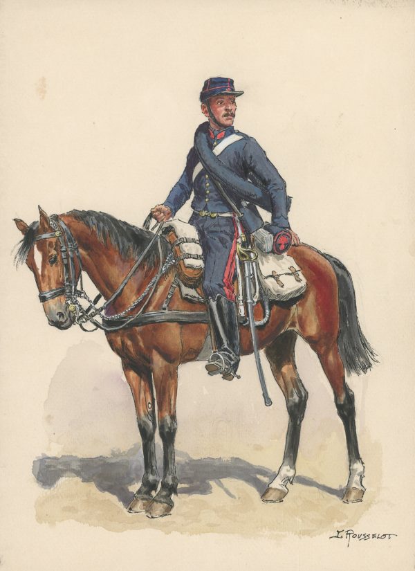 Dessin crayon rehaussé - Artillerie Montée - Artilleur - Second Empire - Uniforme - Aquarelle Originale - Lucien Rousselot