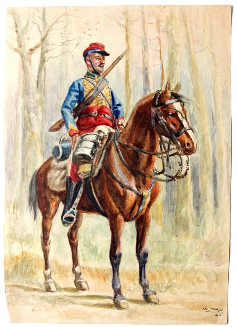 Peinture Aquarelle - Soldat Hussard - Second Empire - Portrait Uniforme - Dessin Originale - Signature Ch. Meyer 1946 - Napoléon III