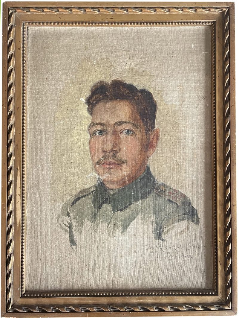 Peinture Portrait Carton Toilé - Soldat Allemand - Guerre 14/18 - Portrait Uniforme - Dessin Originale - Signature 1916