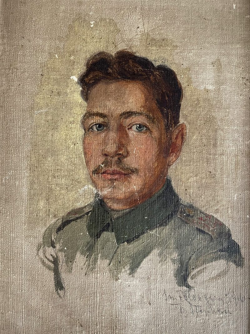 Peinture Portrait Carton Toilé - Soldat Allemand - Guerre 14/18 - Portrait Uniforme - Dessin Originale - Signature 1916