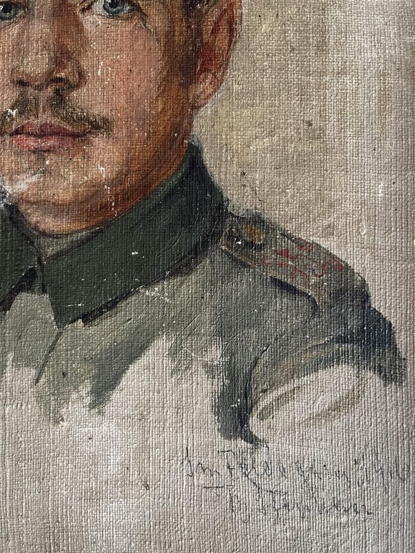 Peinture Portrait Carton Toilé - Soldat Allemand - Guerre 14/18 - Portrait Uniforme - Dessin Originale - Signature 1916